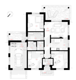 "Agate"'ir vienstavīga vienslīpju jumta dzīvojamā māja ar garāžu un trim istabām, paredzēta 3-4 cilvēku ģimenei
